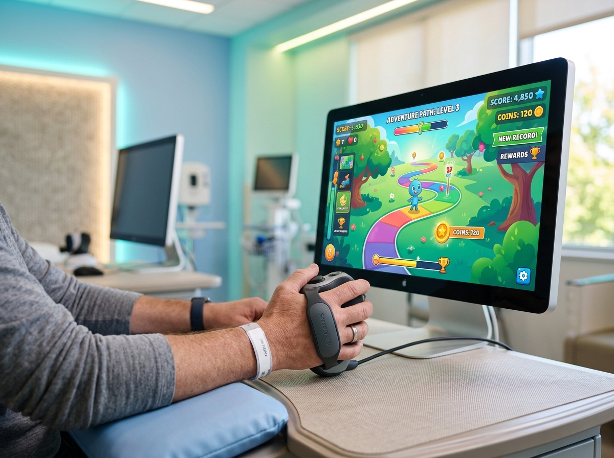 Paciente de neurorehabilitación jugando videojuegos terapéuticos exergames